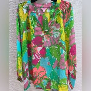 New w/tag. Lilly Pulitzer Silk Elsa Big Flirt Floral Pink Yellow Hibiscus Size L